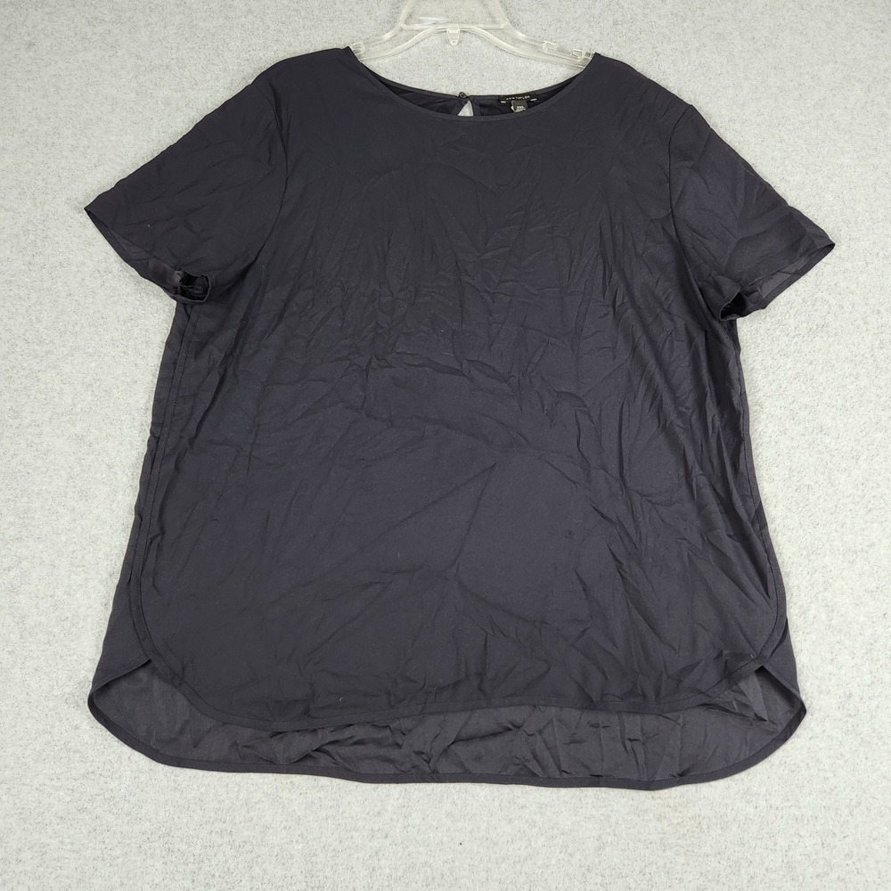 Ann Taylor Blouse Women XXL Navy Blue Short Sleeve Keyhole Back High-Low Relaxed